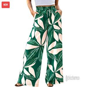 Wide Leg Palazzo Pants High Waist Floral Print Polyester Summer Casual